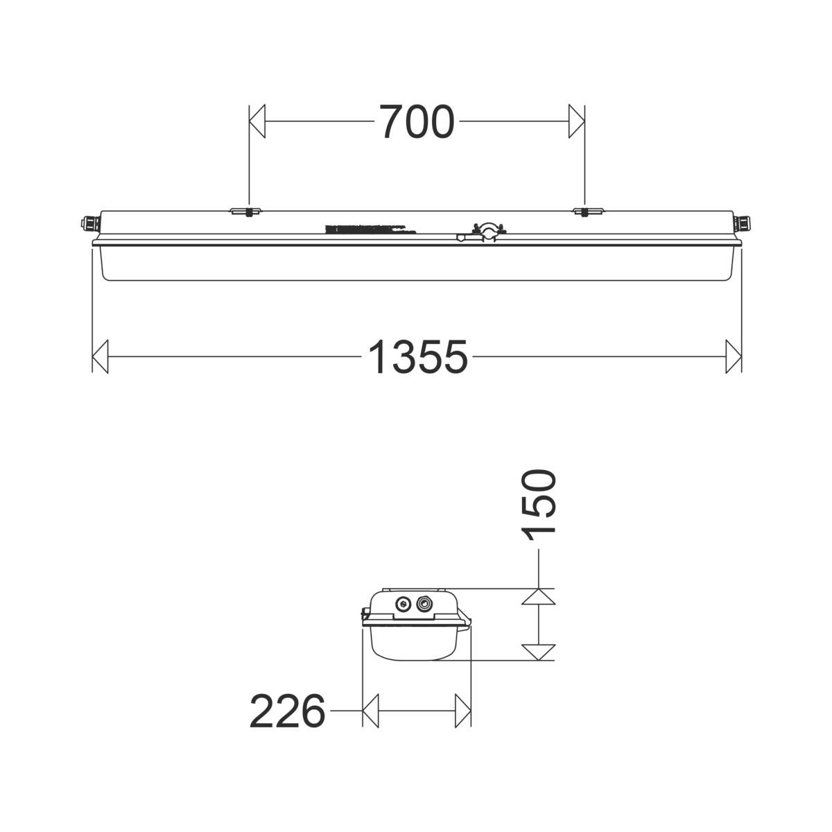 Dessin technique d'un luminaire rectangulaire avec les dimensions suivantes : 700 mm de largeur, 1355 mm de longueur, 226 mm de profondeur, 150 mm de hauteur.