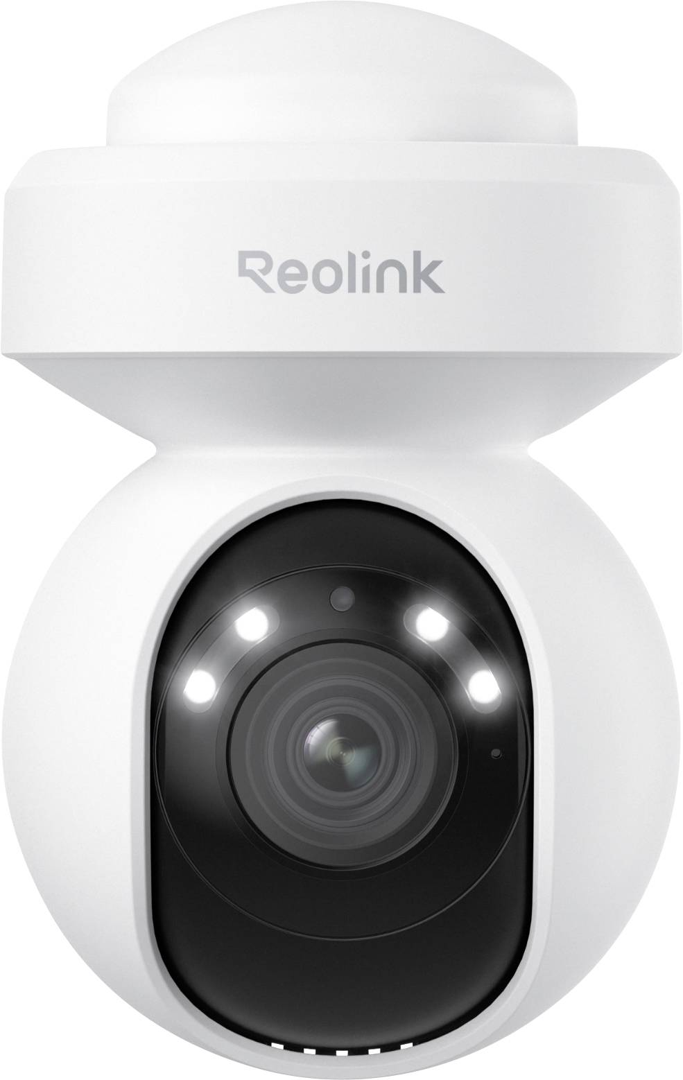 Une caméra de sécurité blanche de marque 'Reolink', présentant un design dôme et des voyants LED autour de l'objectif, destinée à la vidéosurveillance.