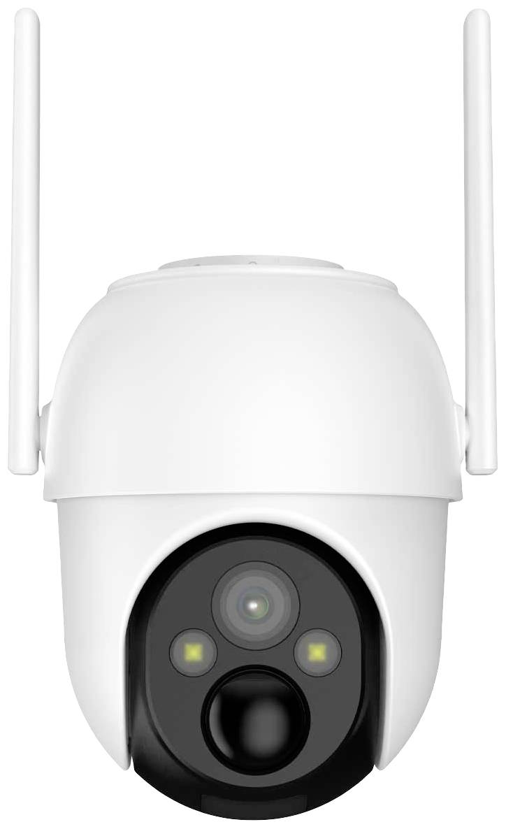 Caméra de surveillance IP avec antennes. Elle possède un boîtier blanc et un avant noir avec un objectif de caméra et des capteurs.