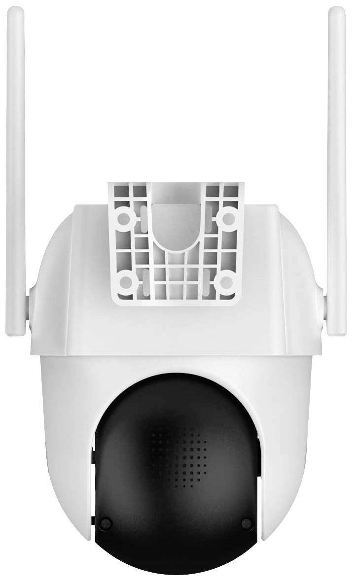 Caméra de surveillance avec deux antennes et un objectif dôme noir, fixée sur un support mural.