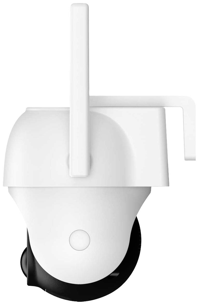 Caméra de sécurité blanche avec antenne, orientant l'objectif vers le bas. Design clair et moderne pour la surveillance intérieure ou extérieure.