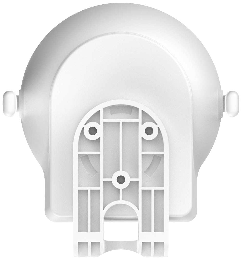 Un élément en plastique blanc et rond, présentant des motifs structurés, qui pourrait faire partie d'un boîtier ou d'un dispositif.