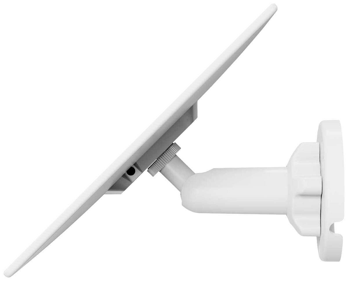 Un plat satellite carré blanc, vu de côté, monté sur une courte tige de support fixée au mur.