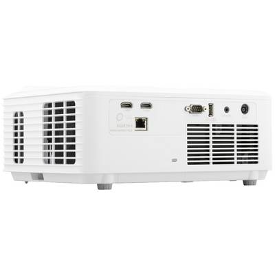Projecteur blanc avec plusieurs options de connexion à l'arrière, comprenant HDMI, Ethernet et une prise d'alimentation.