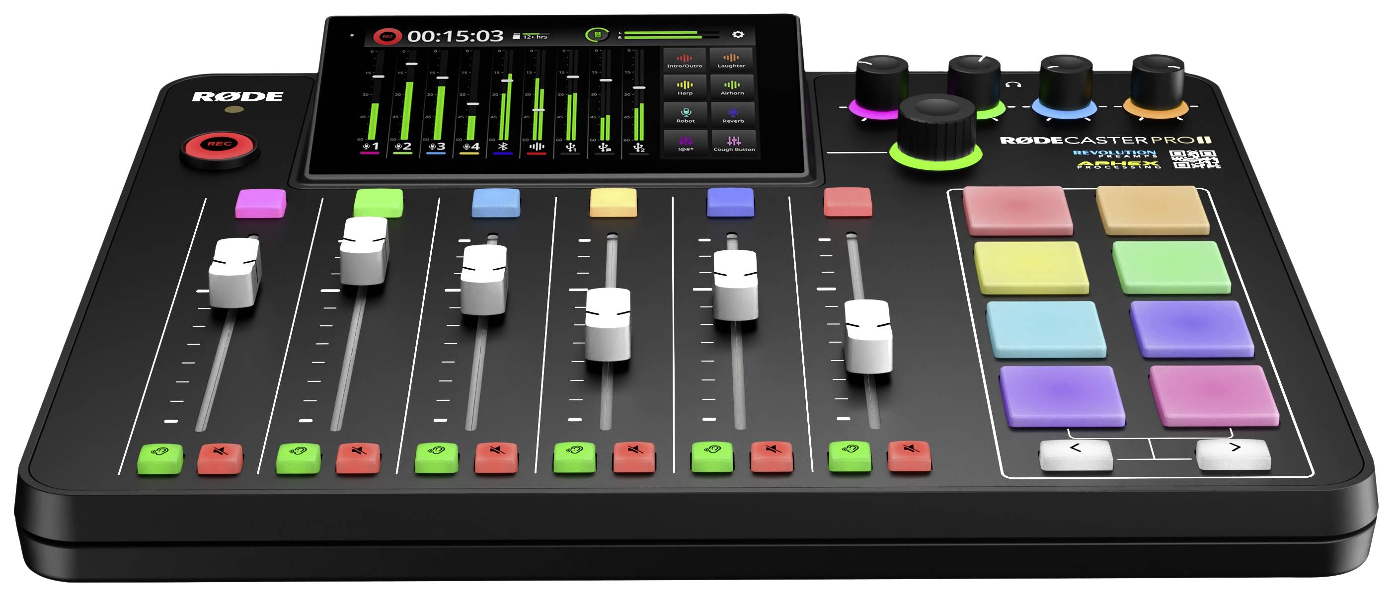 Console de mixage avec plusieurs faders, touches colorées, deux écrans et boutons, utilisée pour le contrôle et le mixage audio.