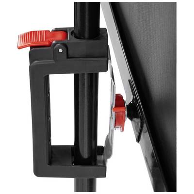 Un trépied noir avec un levier rouge utilisé pour régler un support. Le système semble robuste et fonctionnel.