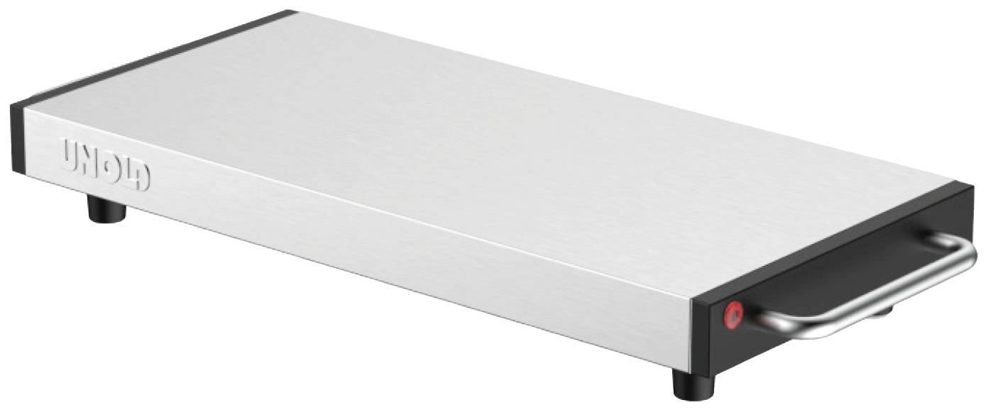 Une plaque chauffante rectangulaire en argent avec un bord noir et une poignée sur le côté droit, utilisée pour maintenir les aliments au chaud.