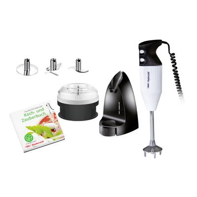 Un mixeur plongeant avec différents accessoires, un récipient de mixage, un livre de recettes et un support. Idéal pour mixer et hacher.