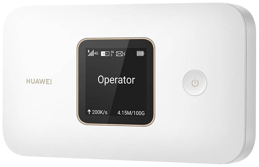 Routeur mobile 4G de Huawei avec petit écran, affichant le statut de connexion et l'utilisation des données. Comprend un bouton marche/arrêt.