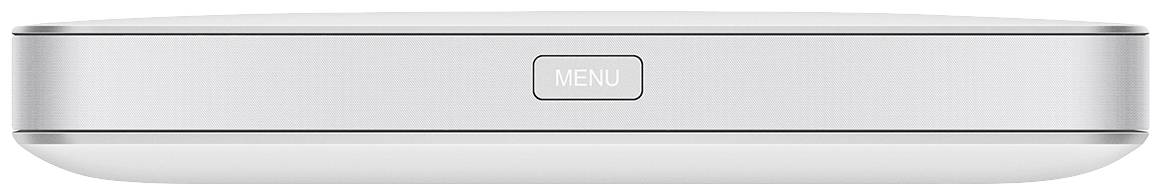 Une télécommande plate, rectangulaire en argent avec un bouton 'Menu' au centre.