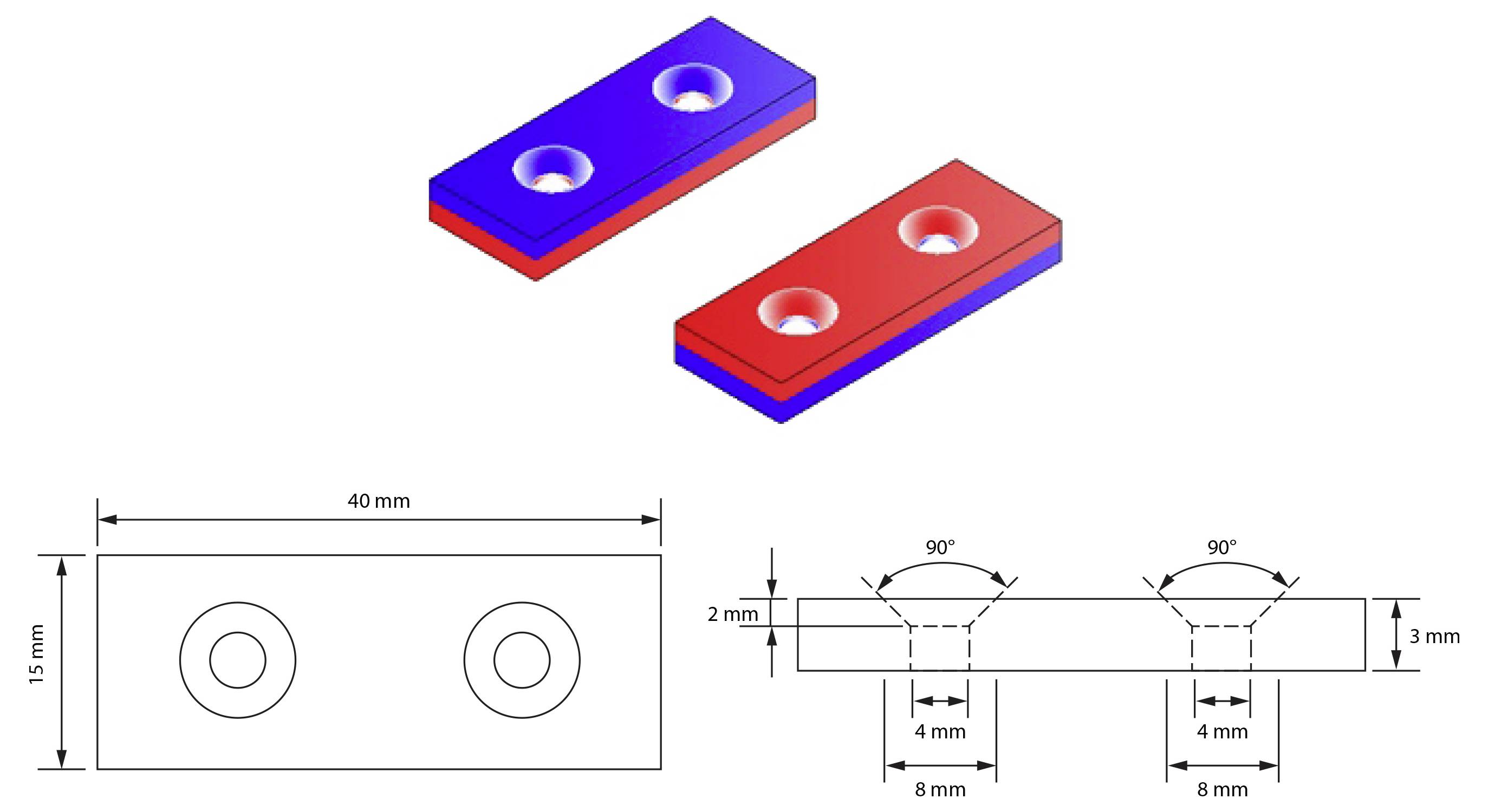 Diagramme d'une plaque rectangulaire de 40 mm par 15 mm avec deux trous fraisés, montré en vue isométrique et dimensions latérales, incluant une profondeur de 2 mm et des fraisures à 90°.