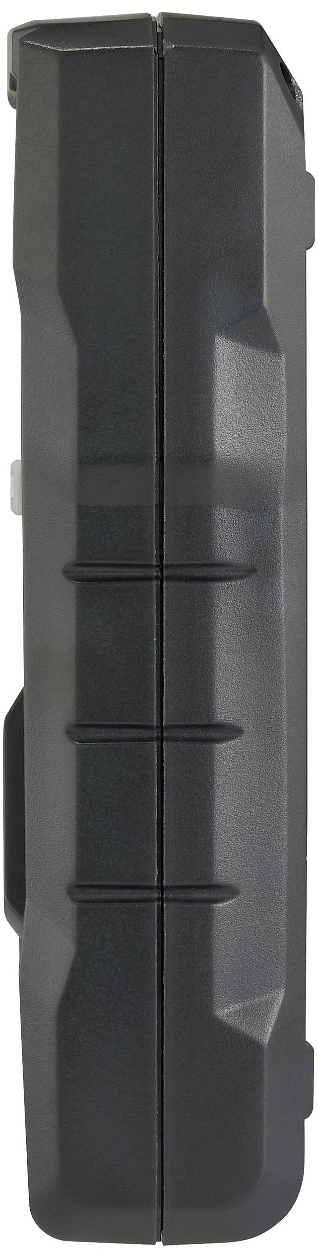 Boîtier noir et robuste d'un appareil inconnu, vu de côté.