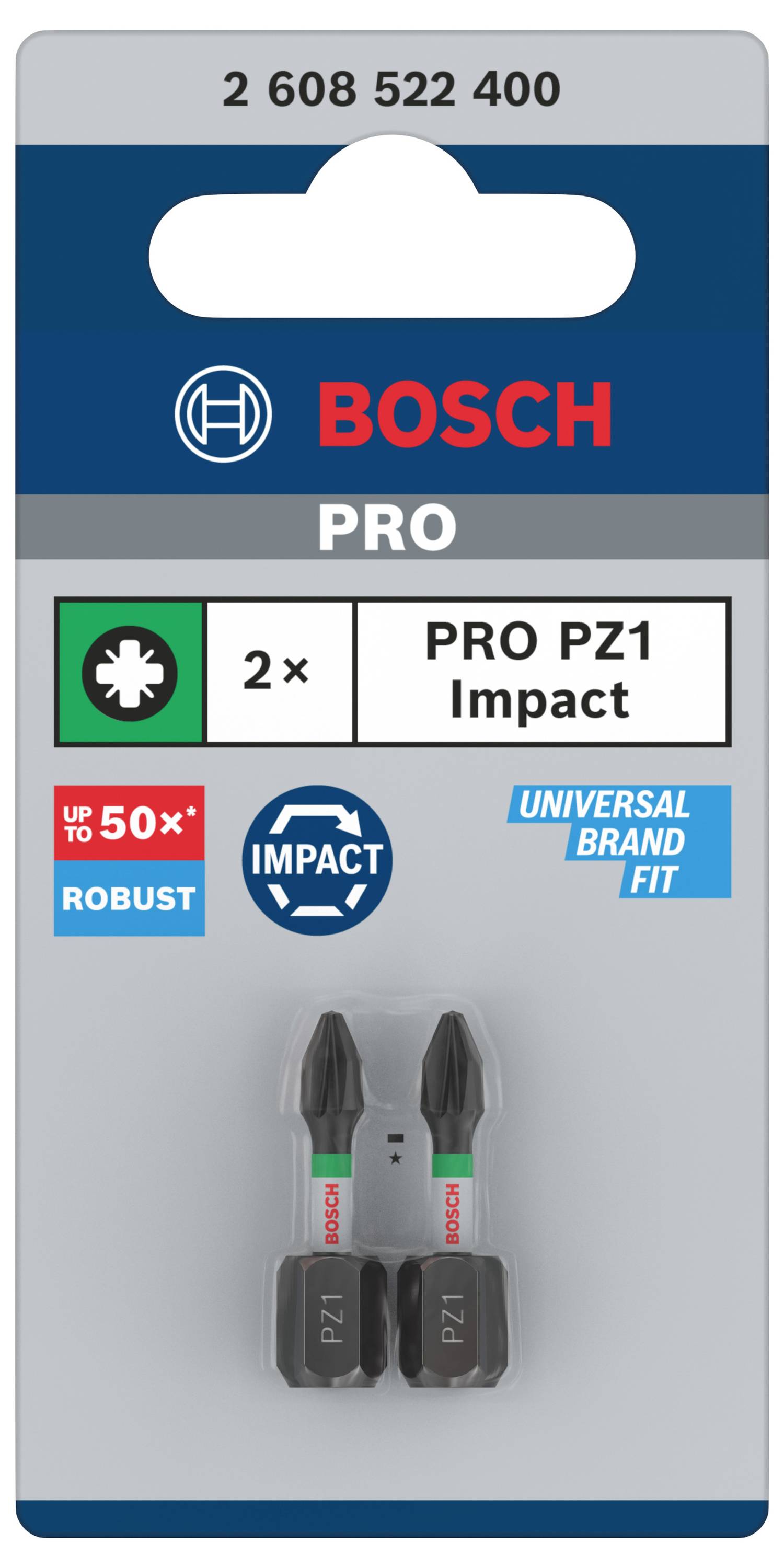 Embouts 'Bosch PRO PZ1 Impact', lot de 2 pièces, adaptés aux applications robustes. Compatibilité de marque mise en avant.