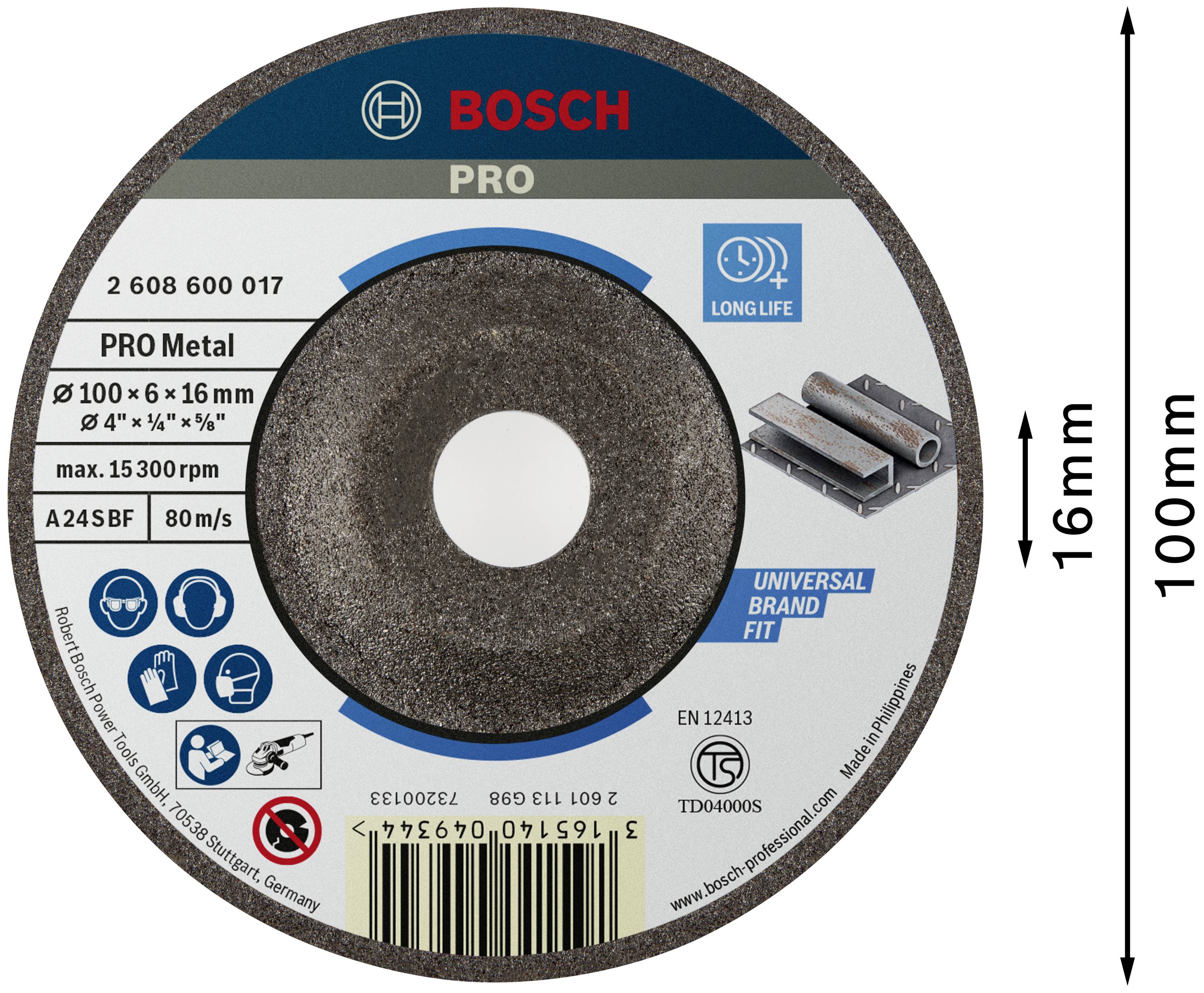 Disque de meulage Bosch, Pro Metal, diamètre 100 mm, épaisseur 6 mm. Adapté pour le travail des métaux, longue durée de vie.