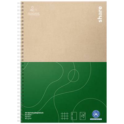 'Cahier A4 à spirales, 80 feuilles, quadrillé, 80 g/m², couverture marron et verte, logo Share en haut à droite.'