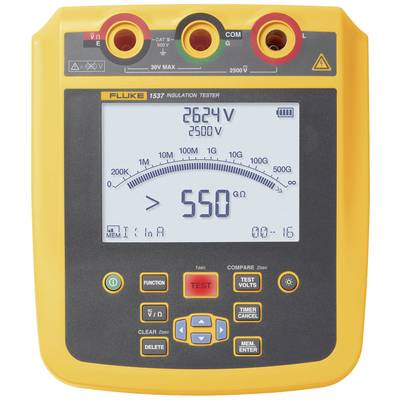 Un appareil de mesure d'isolation affiche 2624 V de tension et 550 kΩ de résistance sur un écran numérique. Des touches de commande sont disponibles.