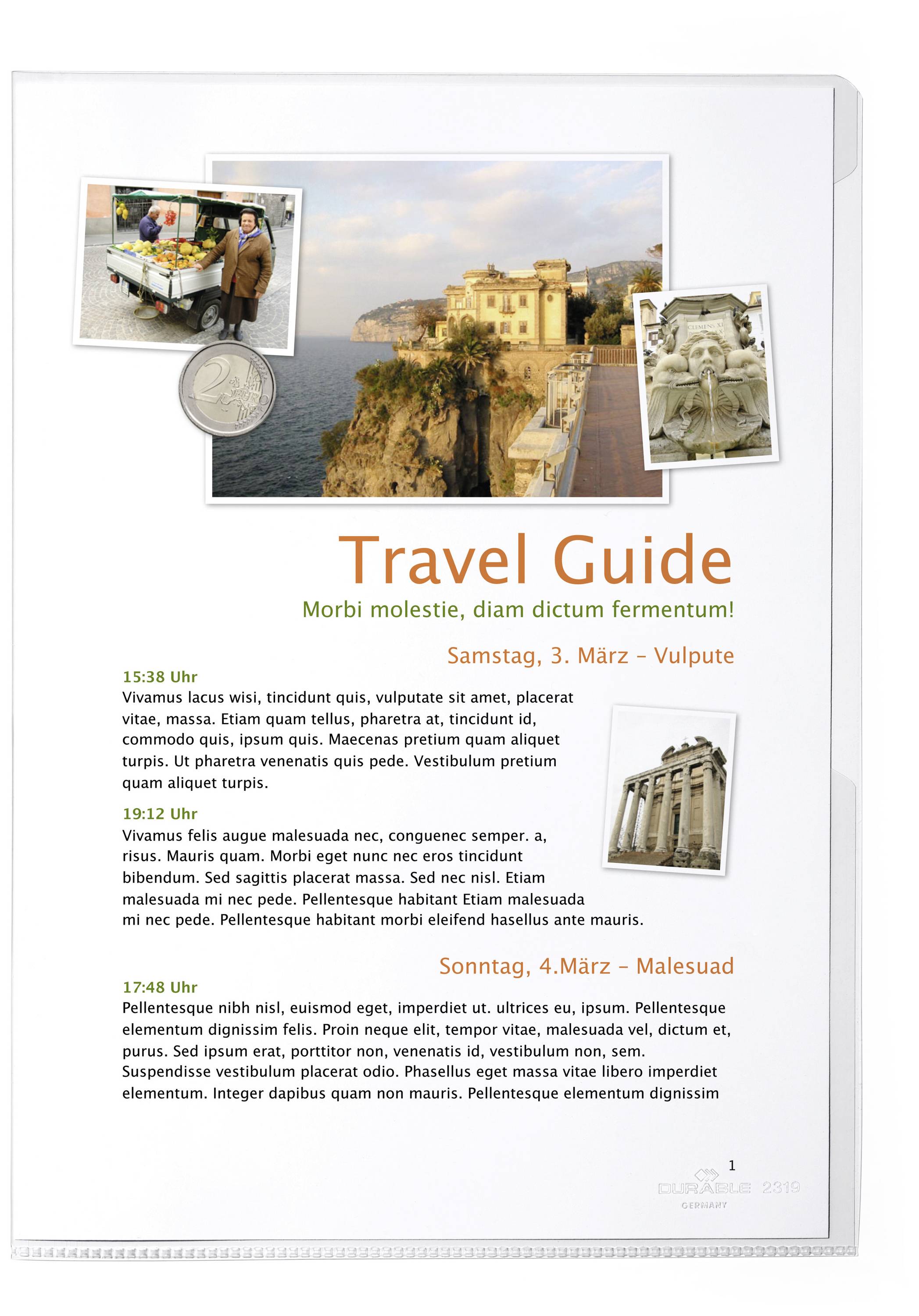 Guide touristique sur une feuille de papier avec des photos de sites touristiques et une photo de pièce de monnaie argentée. Contient un texte sur des destinations de voyage.