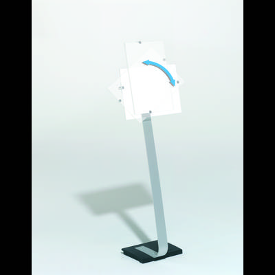 Un support transparent avec des feuilles superposées et une flèche bleue indiquant un mouvement de rotation vers la droite.