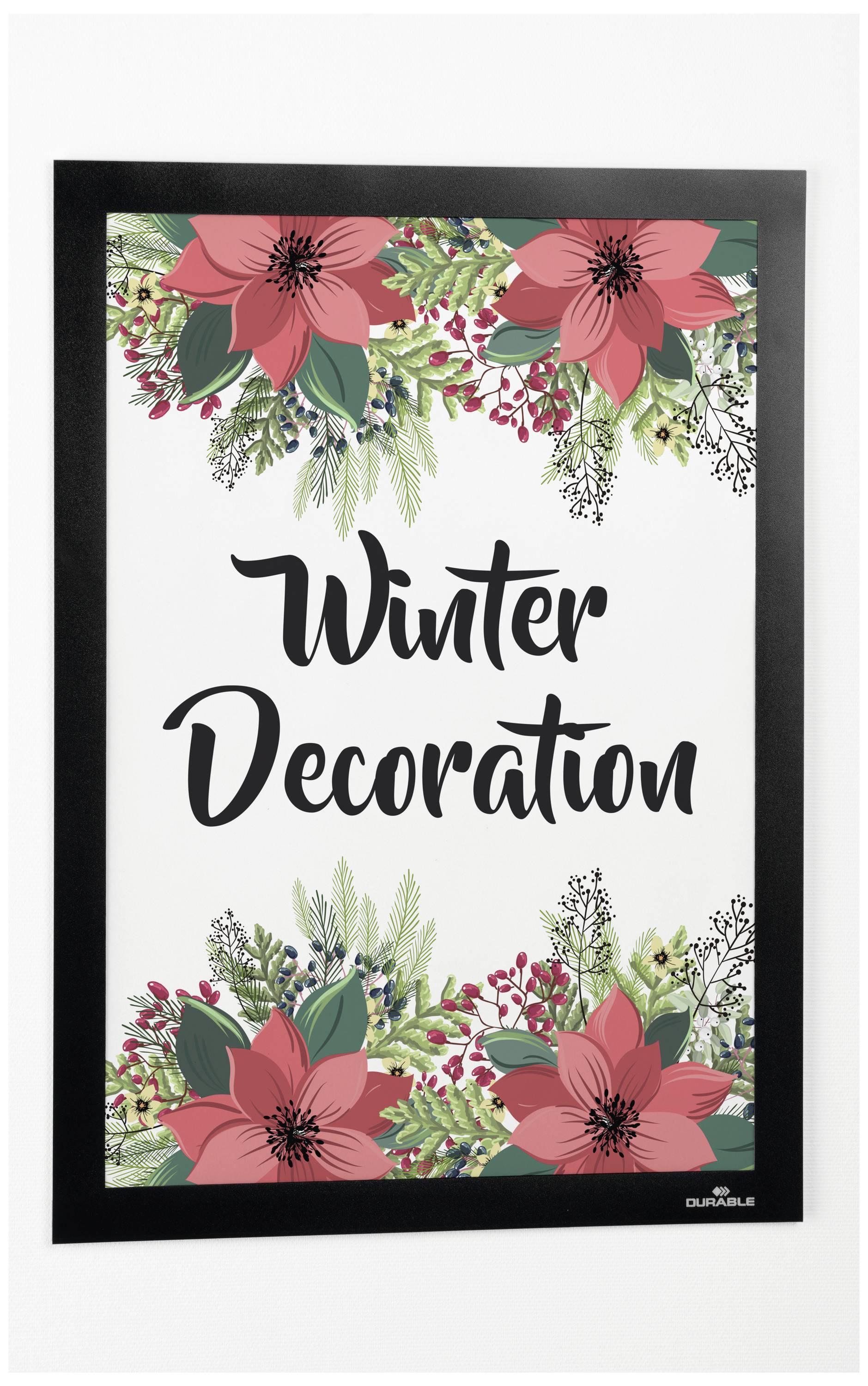 Affiche encadrée avec des motifs hivernaux floraux et l'inscription 'Décoration d'Hiver'. Contient des fleurs rouges et des feuilles vertes.