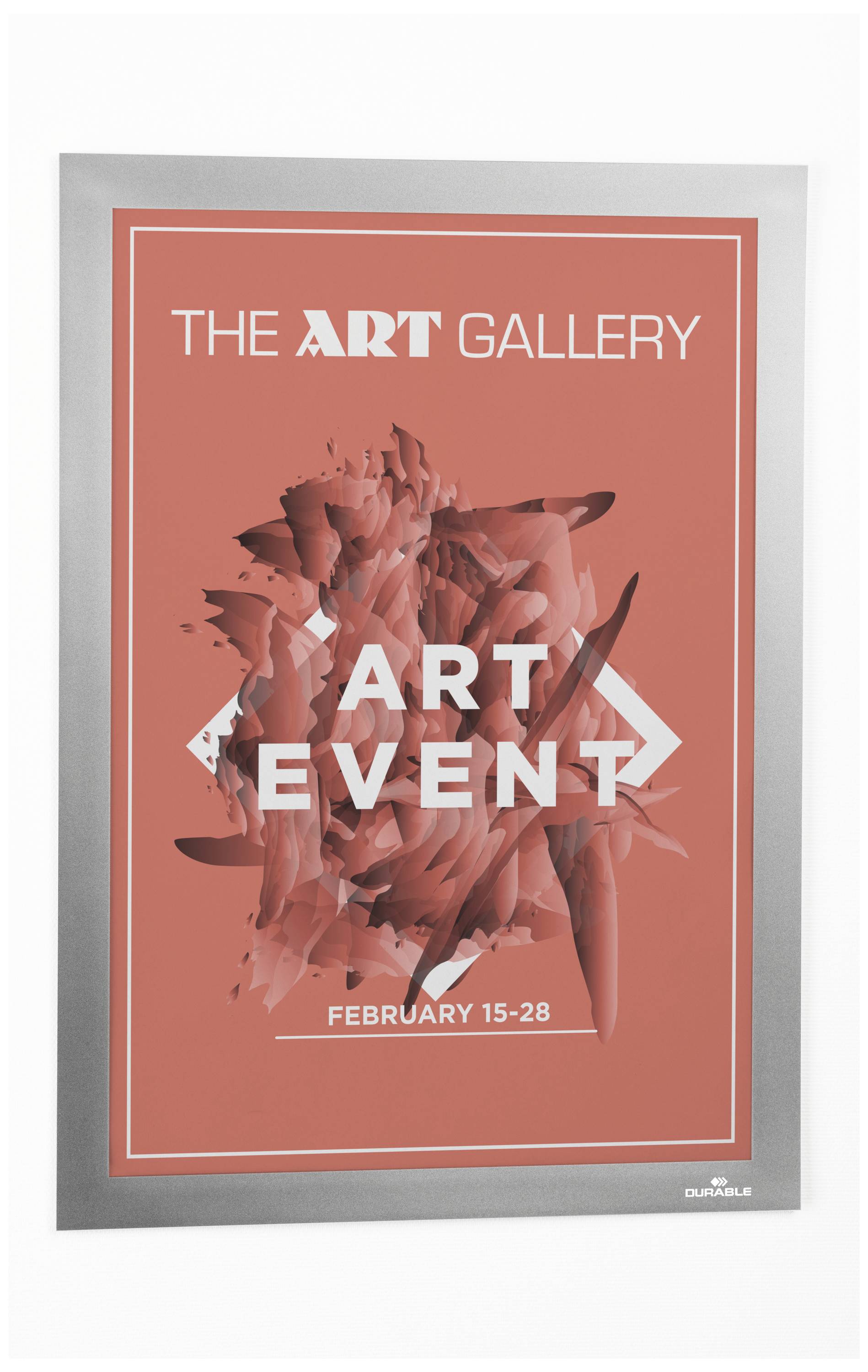 Affiche d'une exposition artistique portant l'inscription 'The Art Gallery : Événement Artistique, 15-28 février' sur un fond rouge avec des éléments graphiques abstraits.