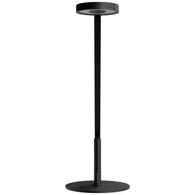 Lampadaire noir au design élégant et à l'abat-jour rond en métal. Repose sur un socle plat et circulaire.