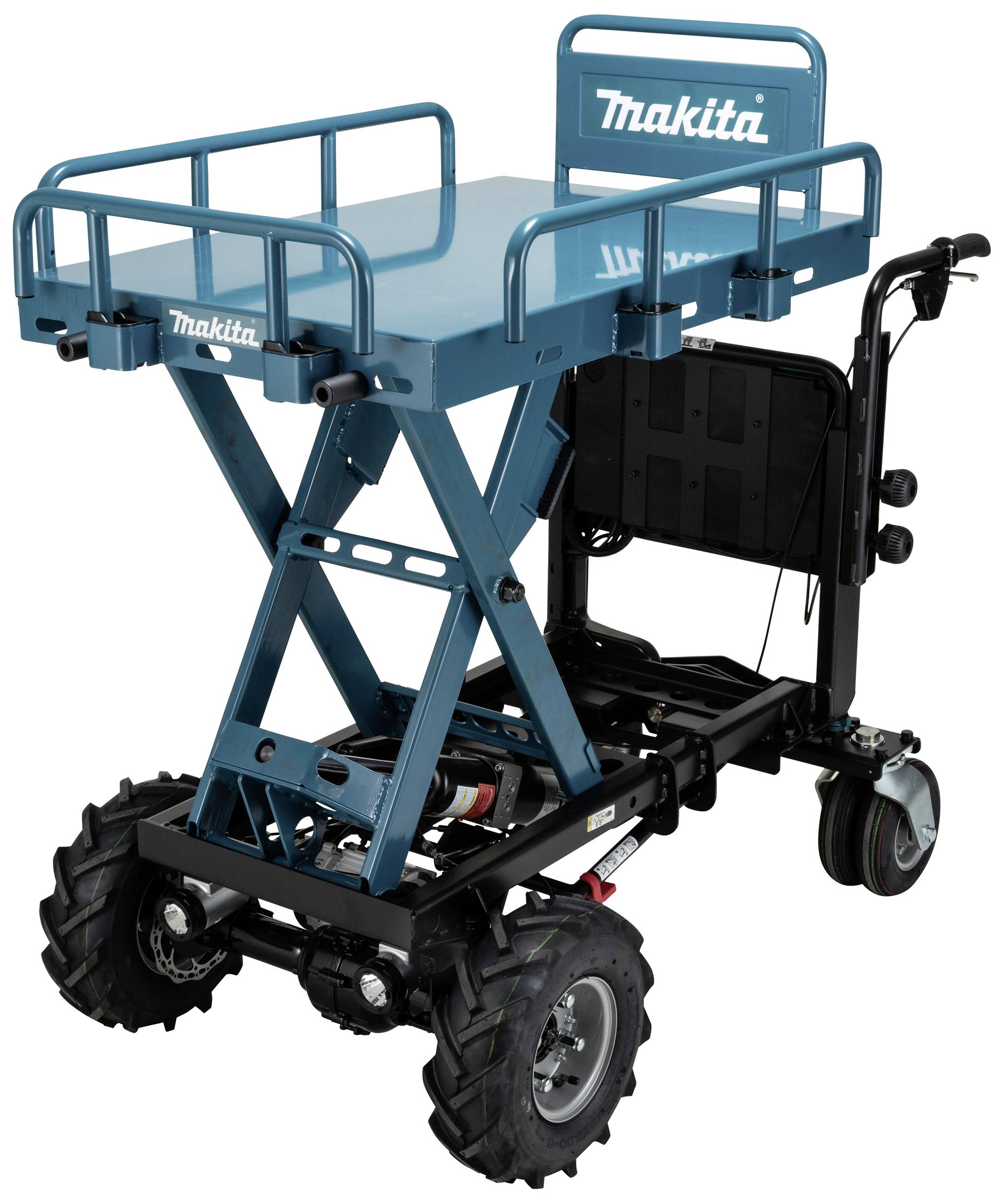 Chariot de transport avec une plateforme bleue et des garde-corps, motorisé sur quatre roues. Le nom de marque 'Makita' est visible sur la plateforme.