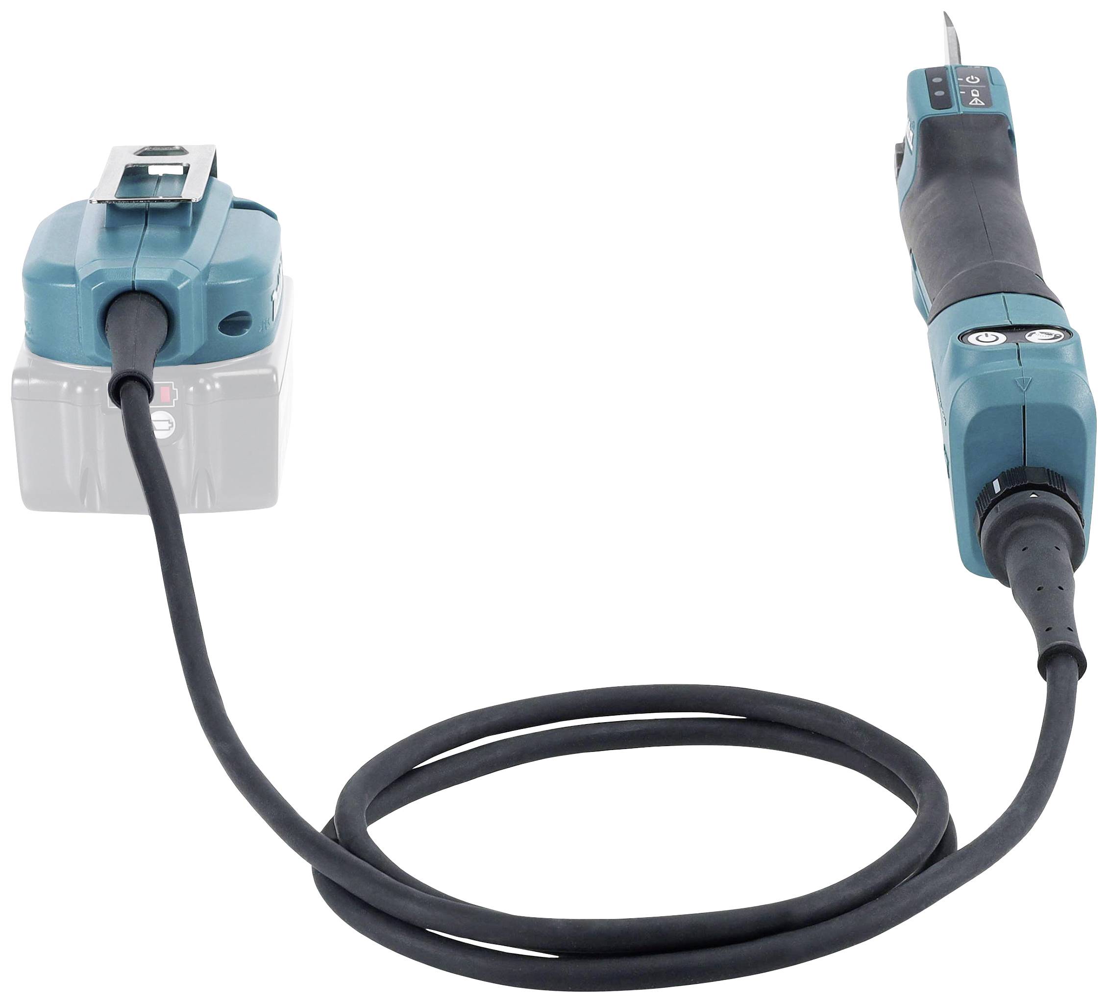 Un outil électrique sans fil en turquoise avec une batterie connectée, adapté pour couper ou tailler des matériaux.