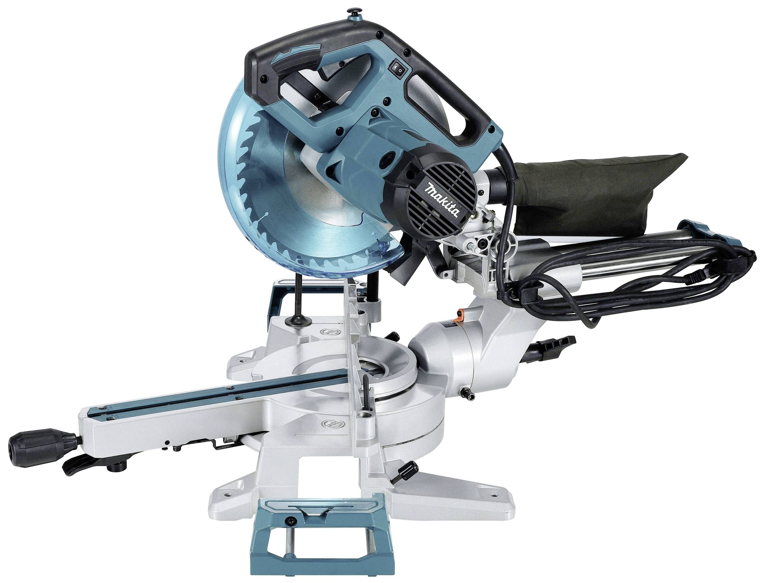 Une scie sauteuse bleue et noire sur un fond blanc, avec un socle stable et un guide de coupe laser.