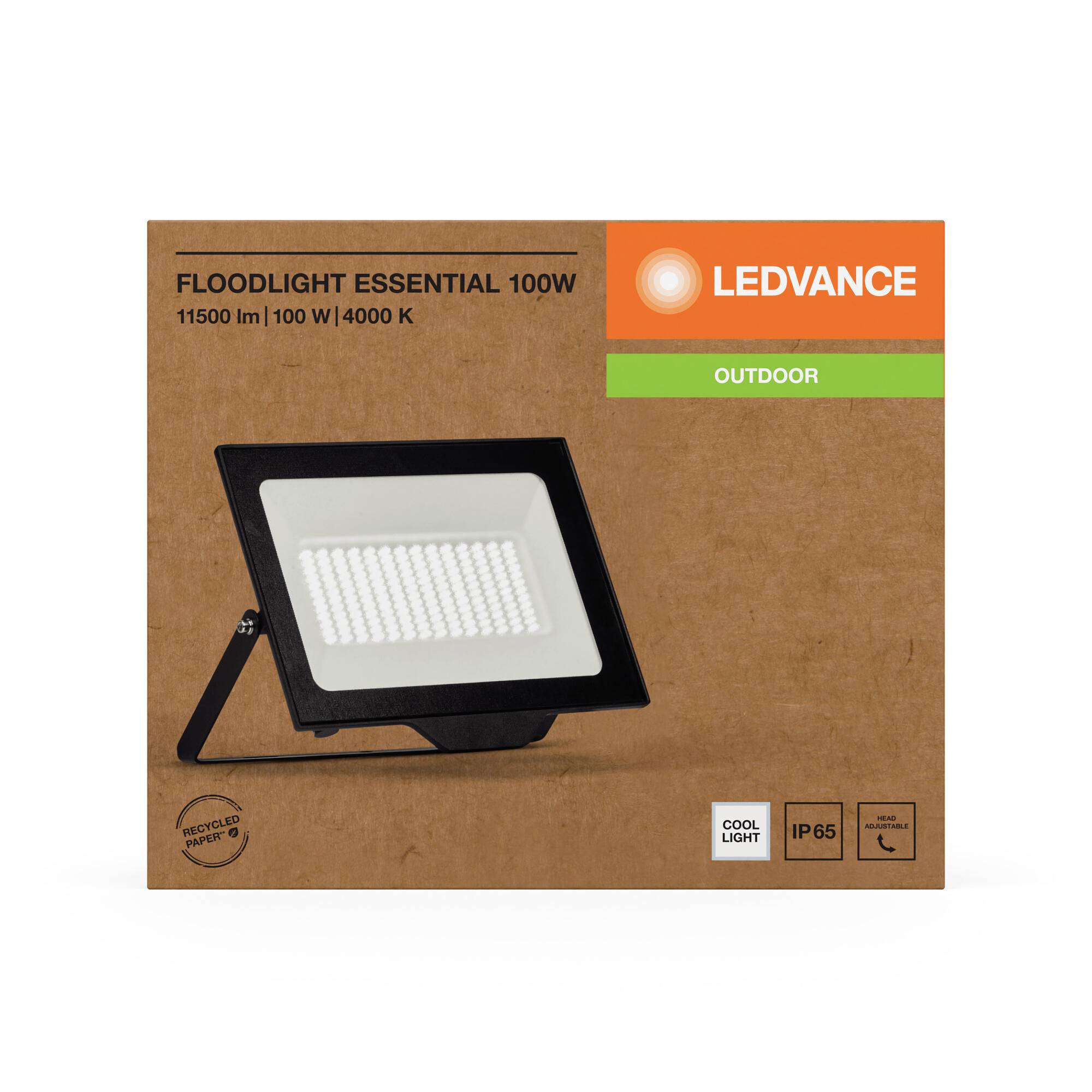 Emballage d'un projecteur LED Ledvance pour extérieur. Caractéristiques : 100 W, 11500 lm, 4000 K. IP65, matériaux recyclés.