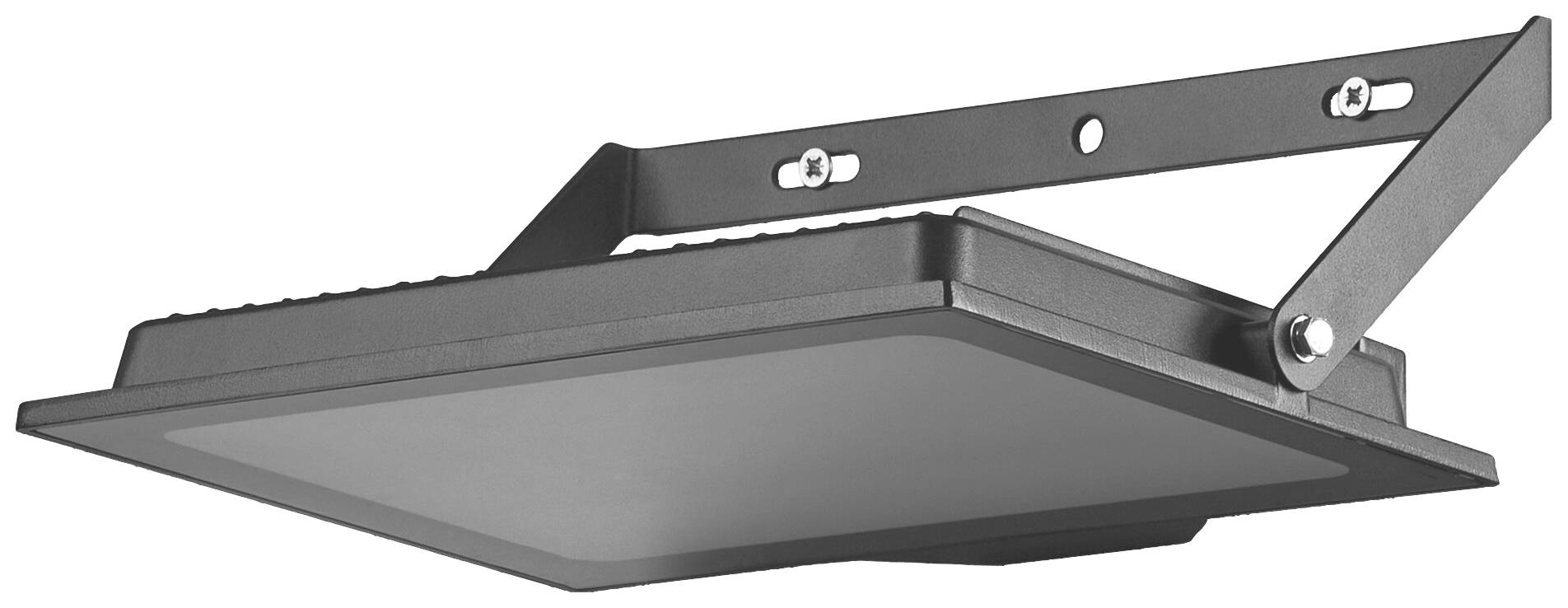 Un projecteur LED rectangulaire au boîtier noir avec support métallique réglable, adapté à l'éclairage extérieur.