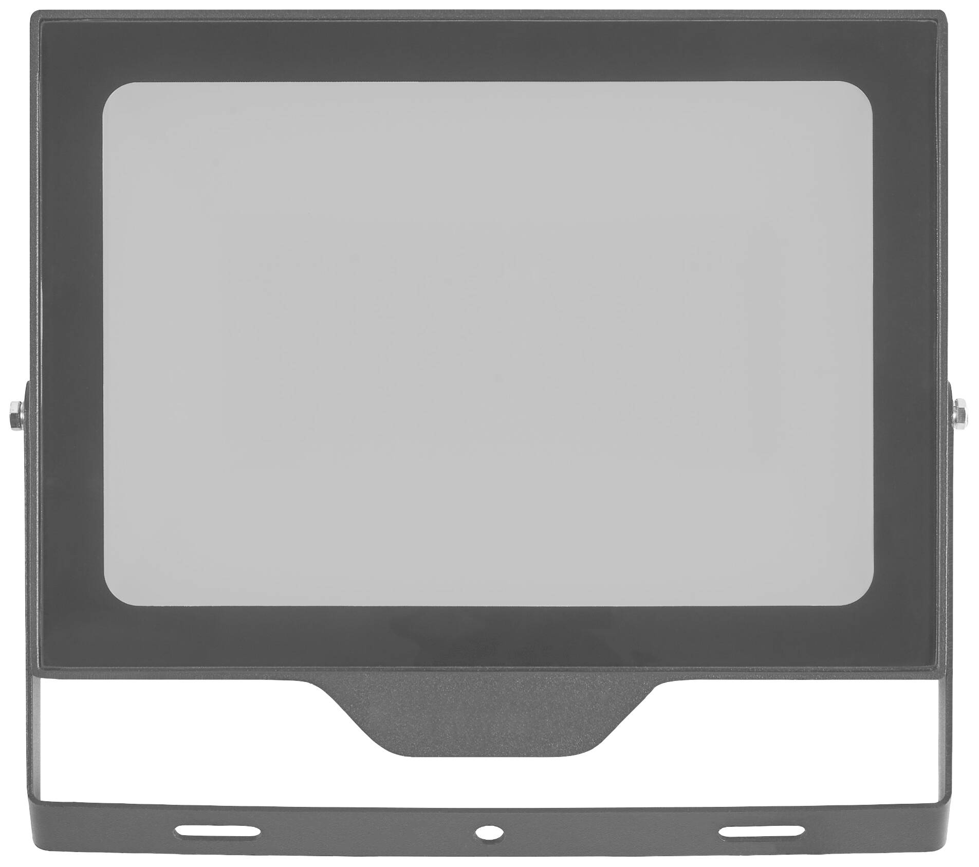 Un projecteur LED rectangulaire à large faisceau avec un boîtier gris foncé, un écran frontal plat et des supports de fixation sur les côtés.