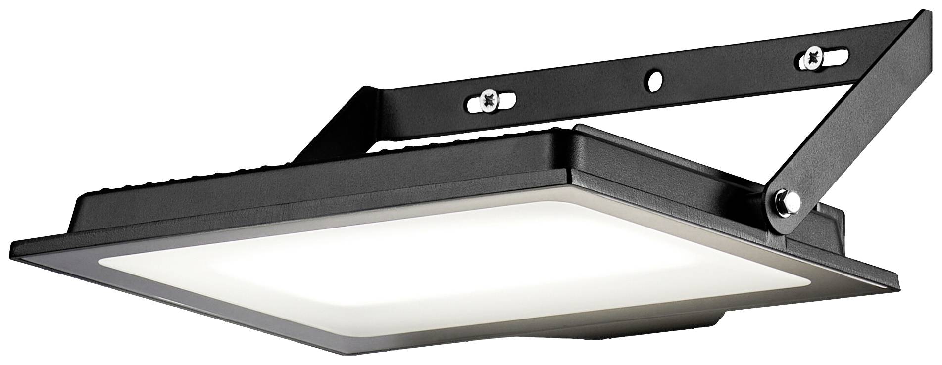 Projecteur LED noir de forme rectangulaire avec support réglable, adapté à l'éclairage extérieur.