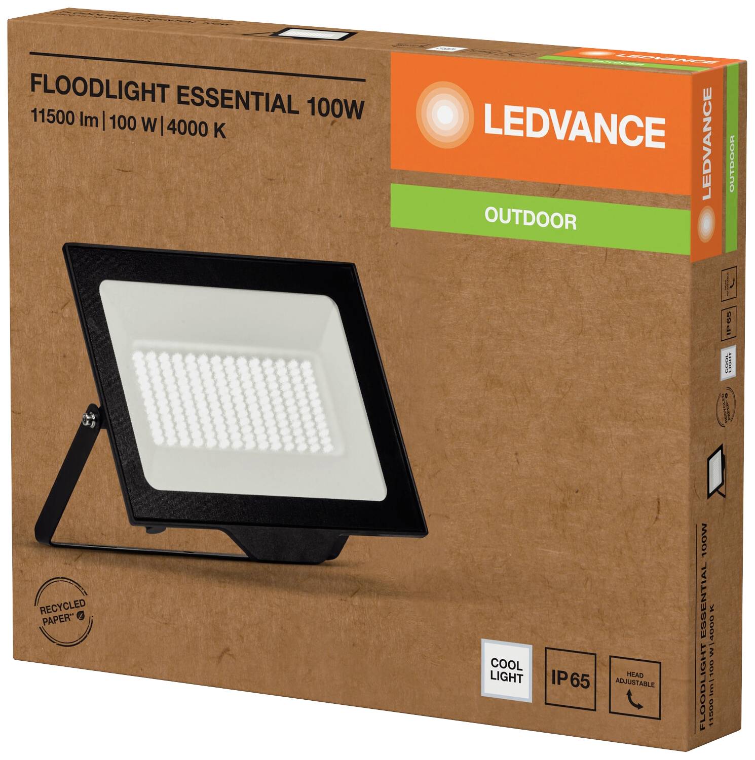 'LEDVANCE Projecteur Essential 100W' dans son emballage. Contient des détails tels que la température de couleur 4000K, la luminosité 11500lm, indice de protection IP65.