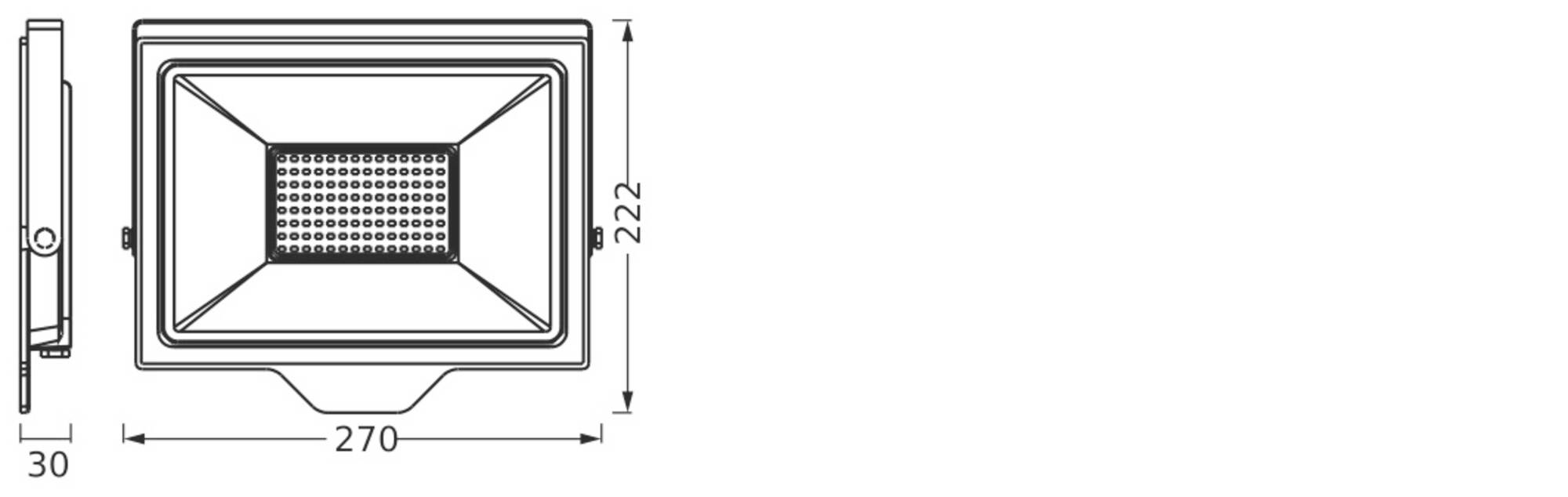 Diagramme d'un projecteur LED rectangulaire avec les dimensions 270 mm de largeur, 222 mm de hauteur et 30 mm de profondeur.