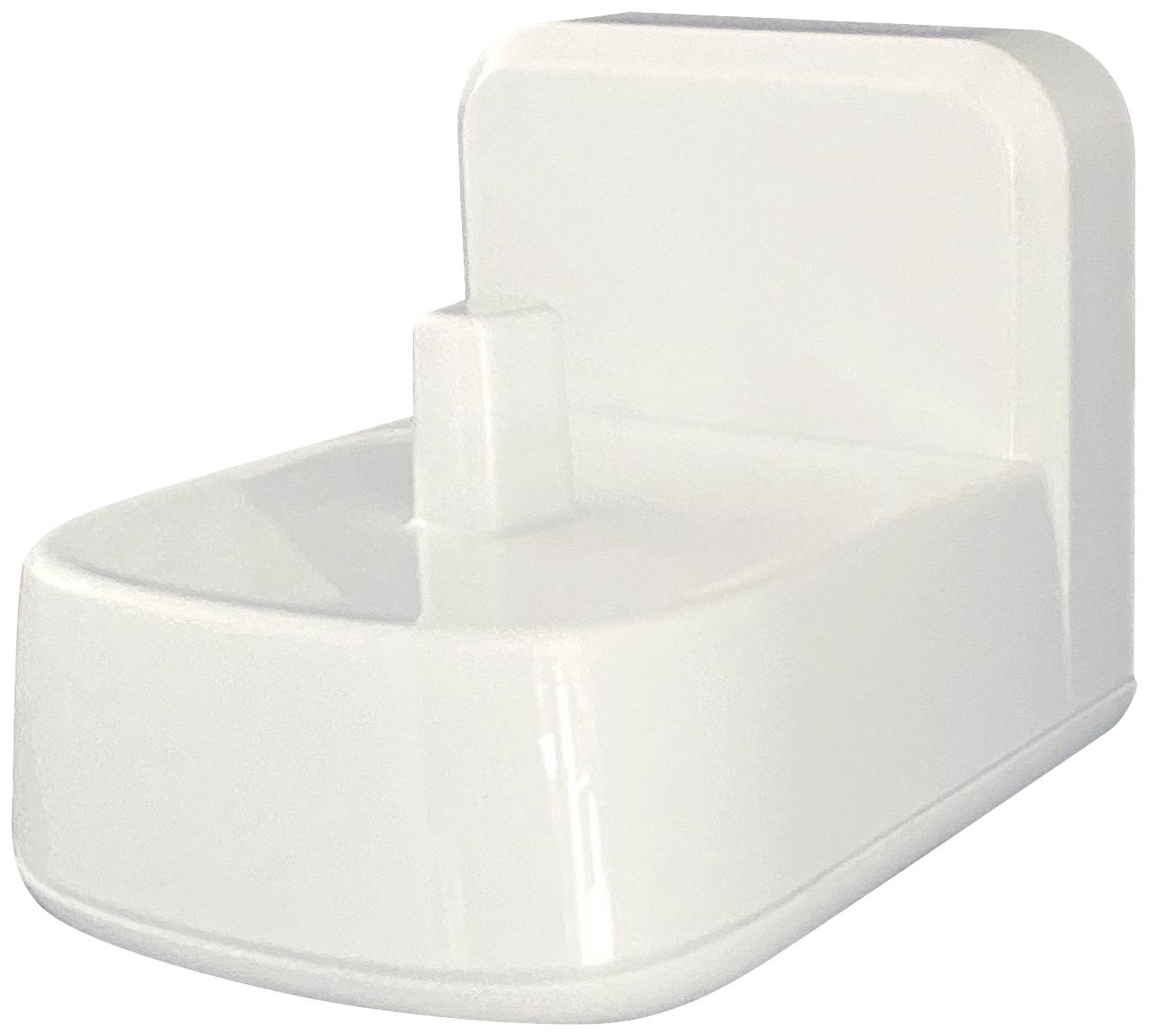 Fontaine blanche moderne avec des angles arrondis et un petit jet d'eau central.