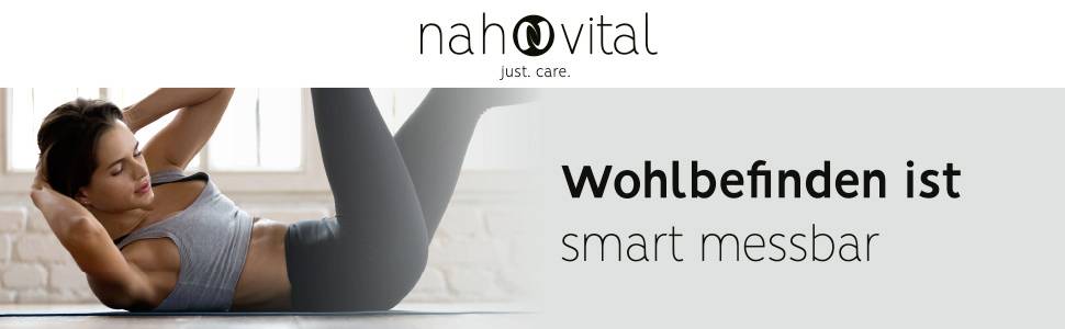 Une personne s'entraîne dans une salle de fitness. Texte : 'Le bien-être est intelligemment mesurable'. Nom de marque en haut : 'naho vital'.