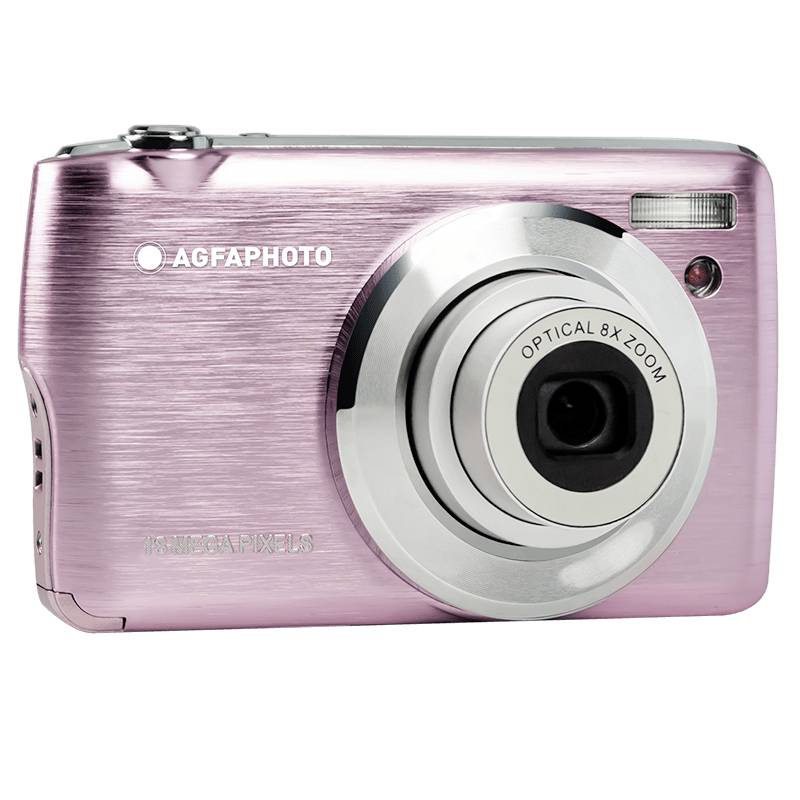 Appareil photo numérique rose avec objectif argenté et zoom optique 8x, marque AGFAPHOTO.