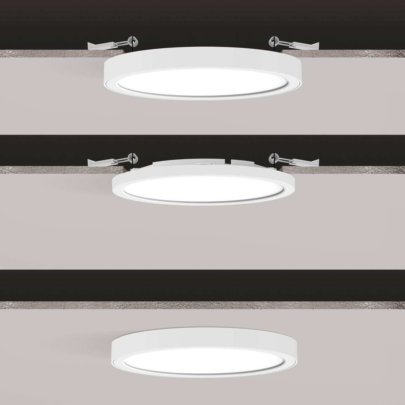 Trois luminaires encastrés blancs et ronds dans un plafond, représentés à différentes étapes d'installation : avant, pendant et après le montage.