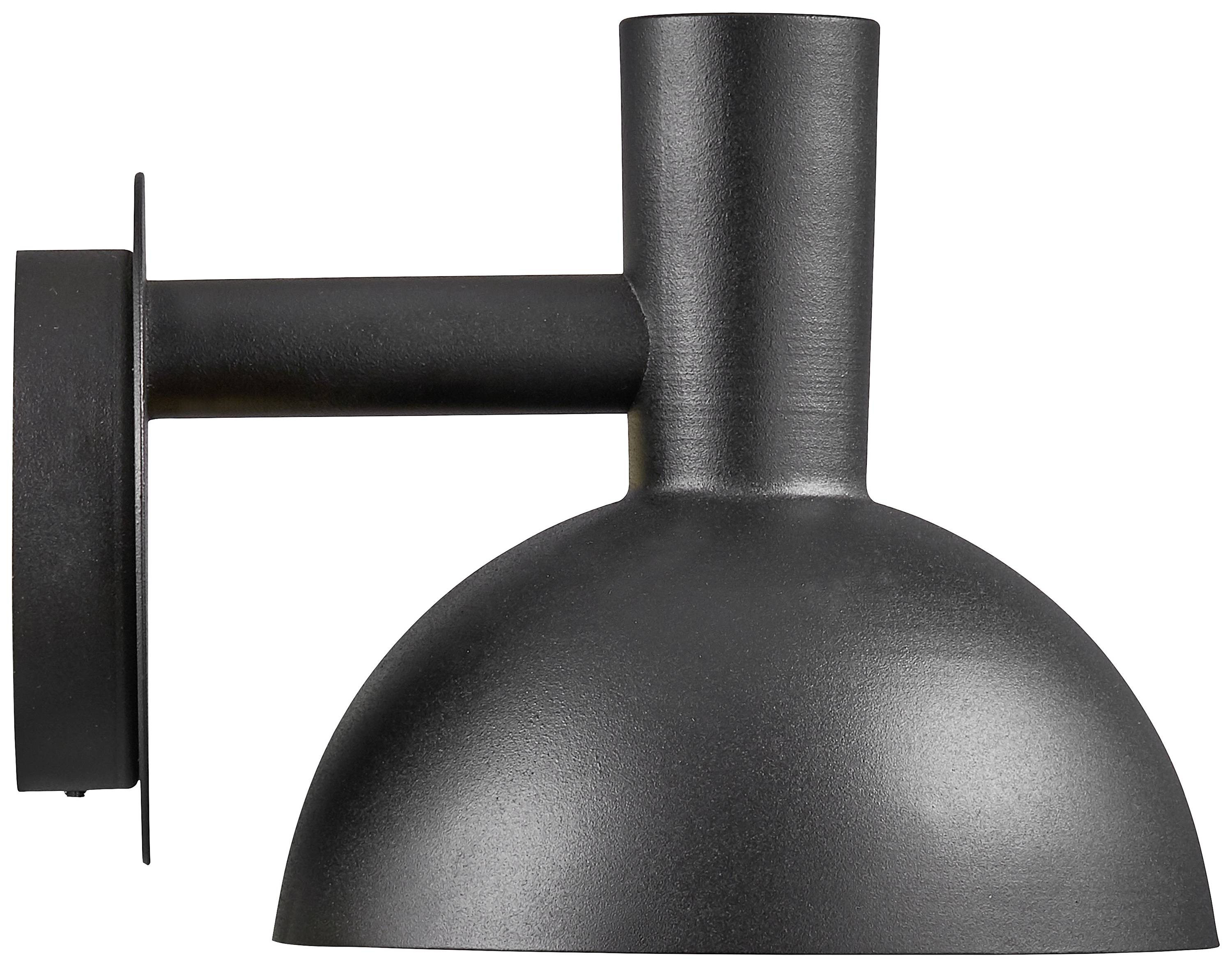 Lampe murale noire, semi-sphérique, avec support droit pour fixation murale. Design moderne, adaptée à l'éclairage intérieur ou extérieur.