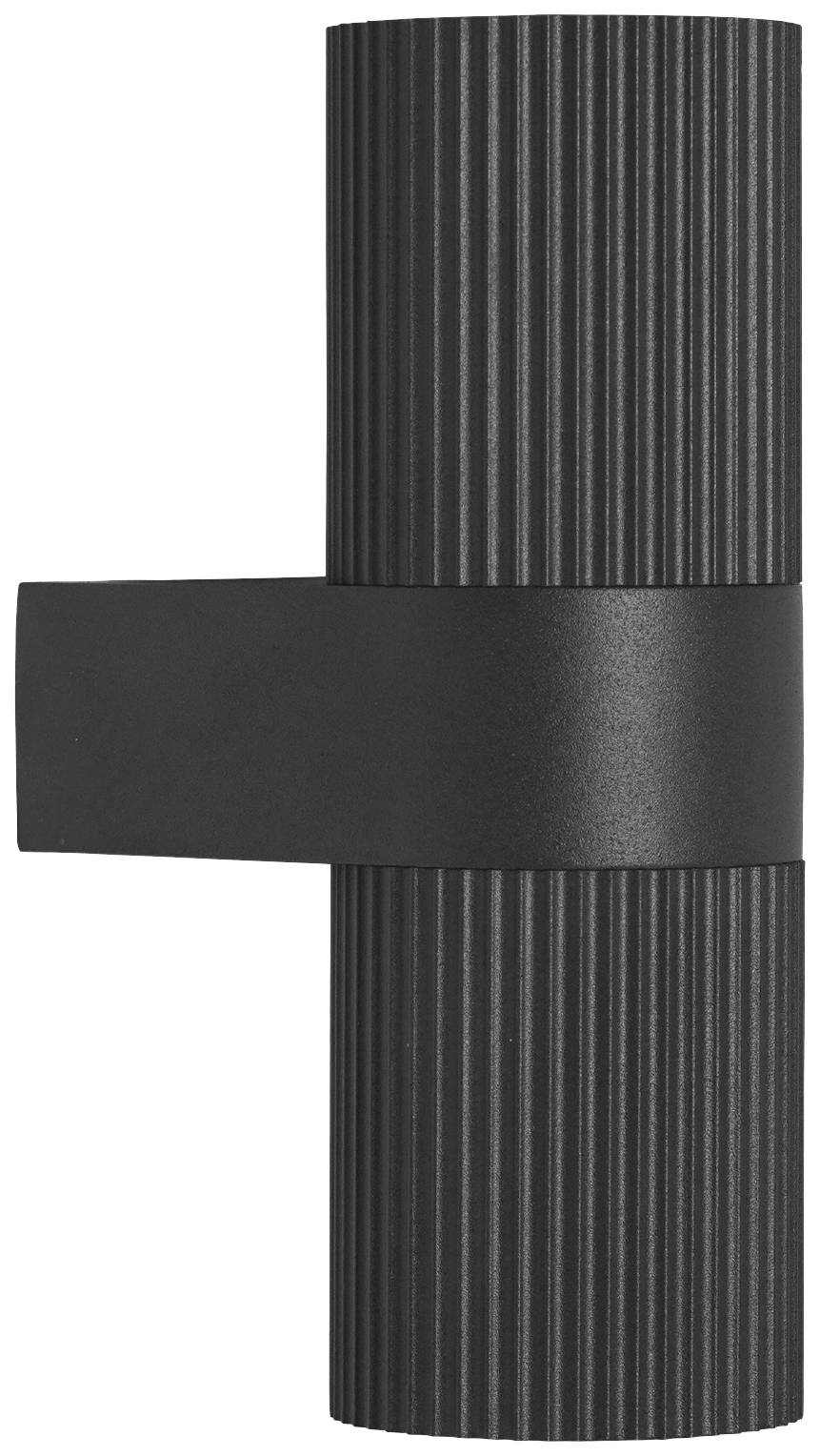 Lampe murale noire cylindrique à surface rainurée, montée verticalement.