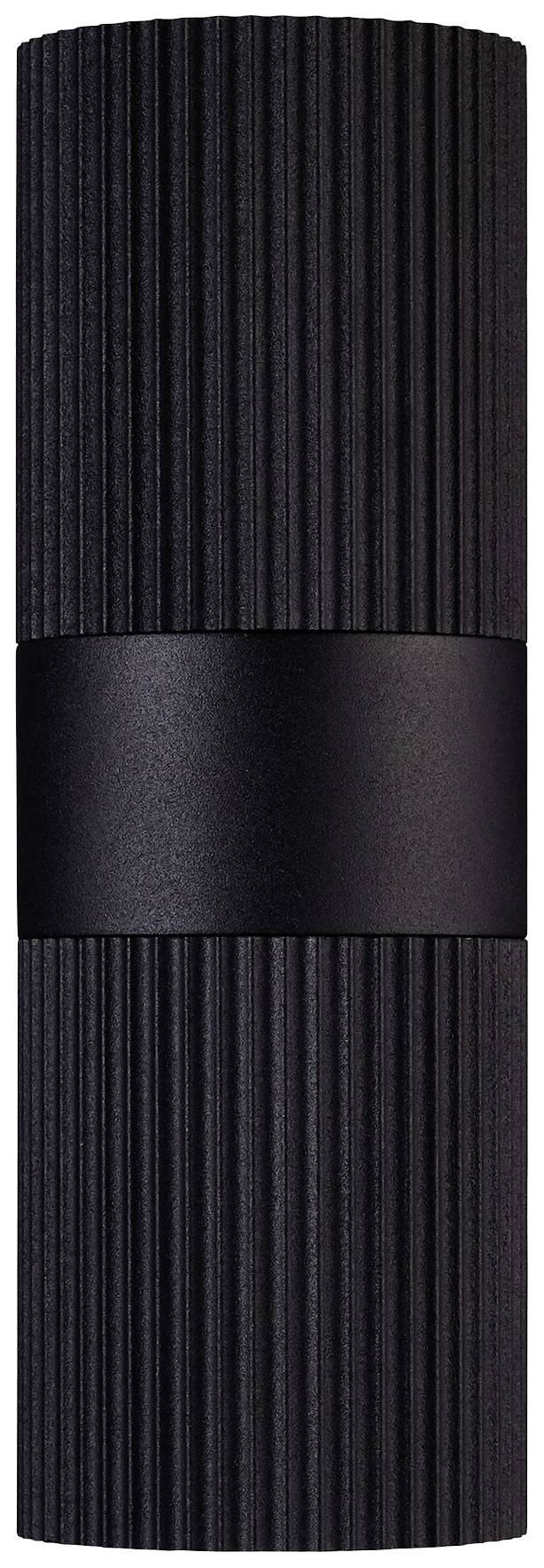 Objet noir, cylindrique, avec une texture nervurée et une bande centrale lisse.