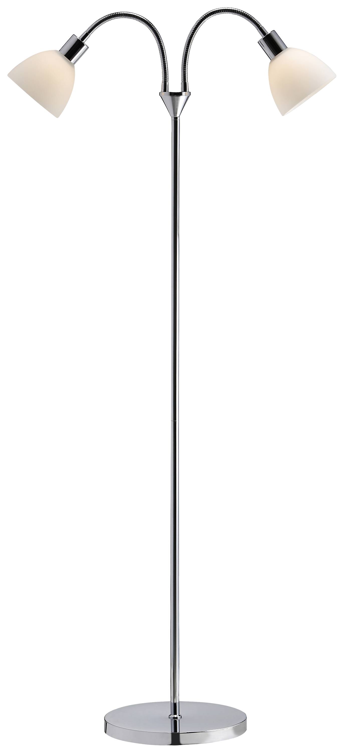 Lampadaire doté de deux bras articulés et courbés, équipés d'abat-jour blancs, reposant sur un socle métallique. Idéal pour les intérieurs modernes.