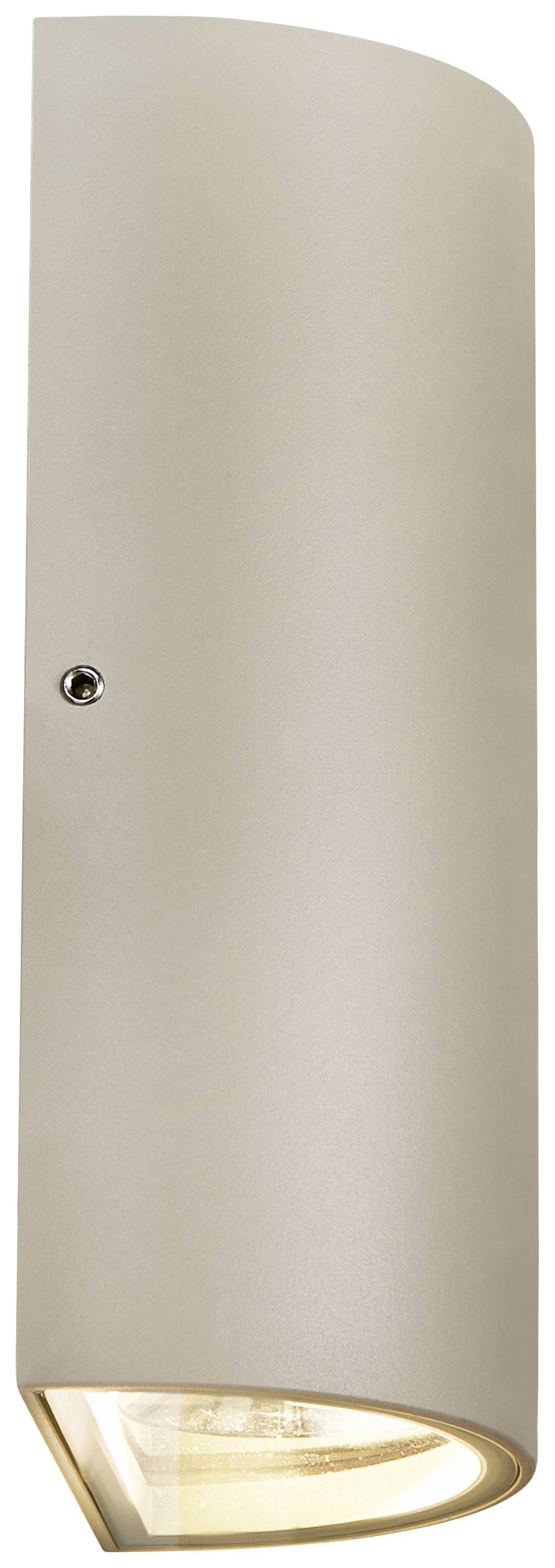 Applique murale blanche à forme cylindrique, avec éclairage dirigé vers le bas. Adaptée aux espaces intérieurs modernes.