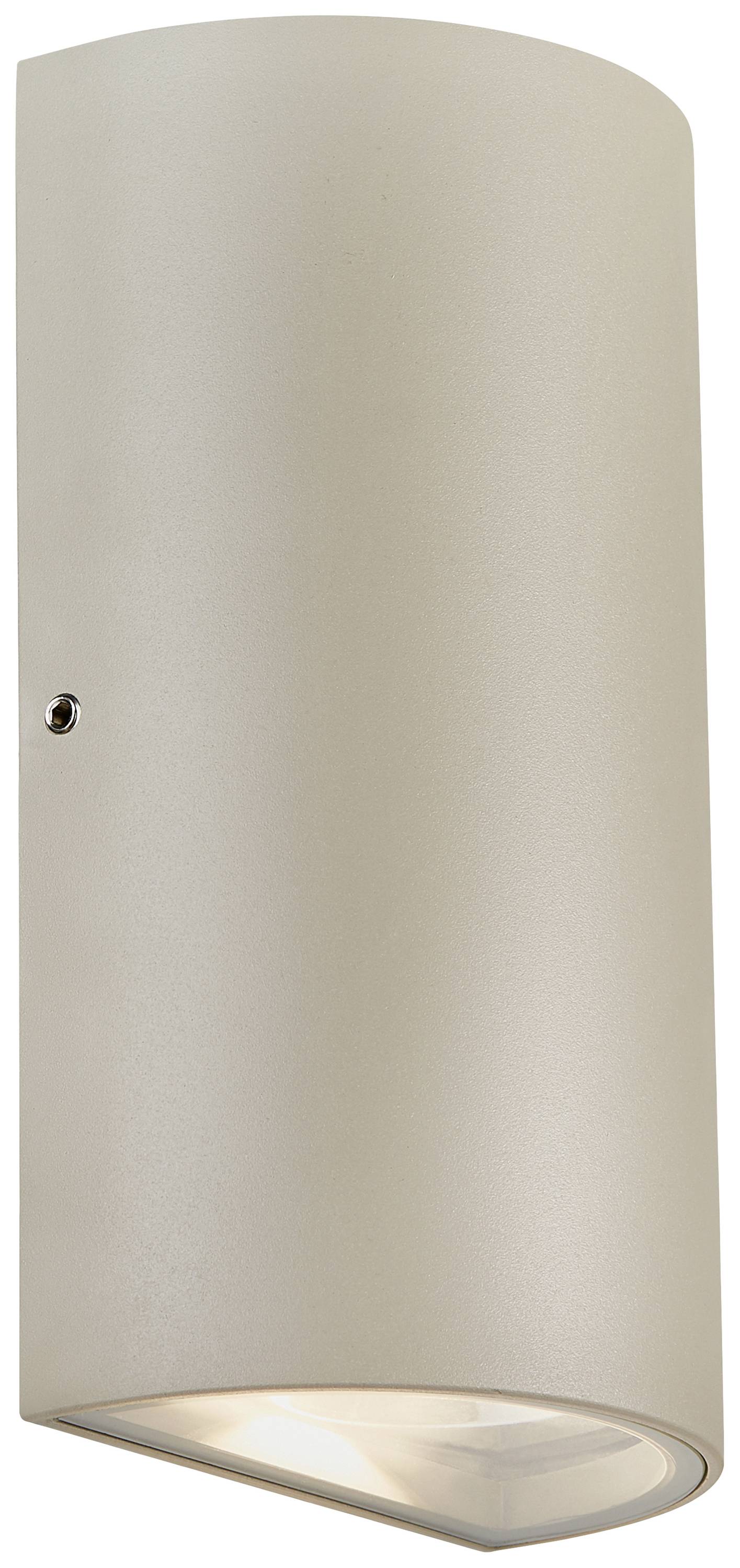 Applique murale argentée au design cylindrique avec bouton latéral, éclairant l'espace vers le bas.