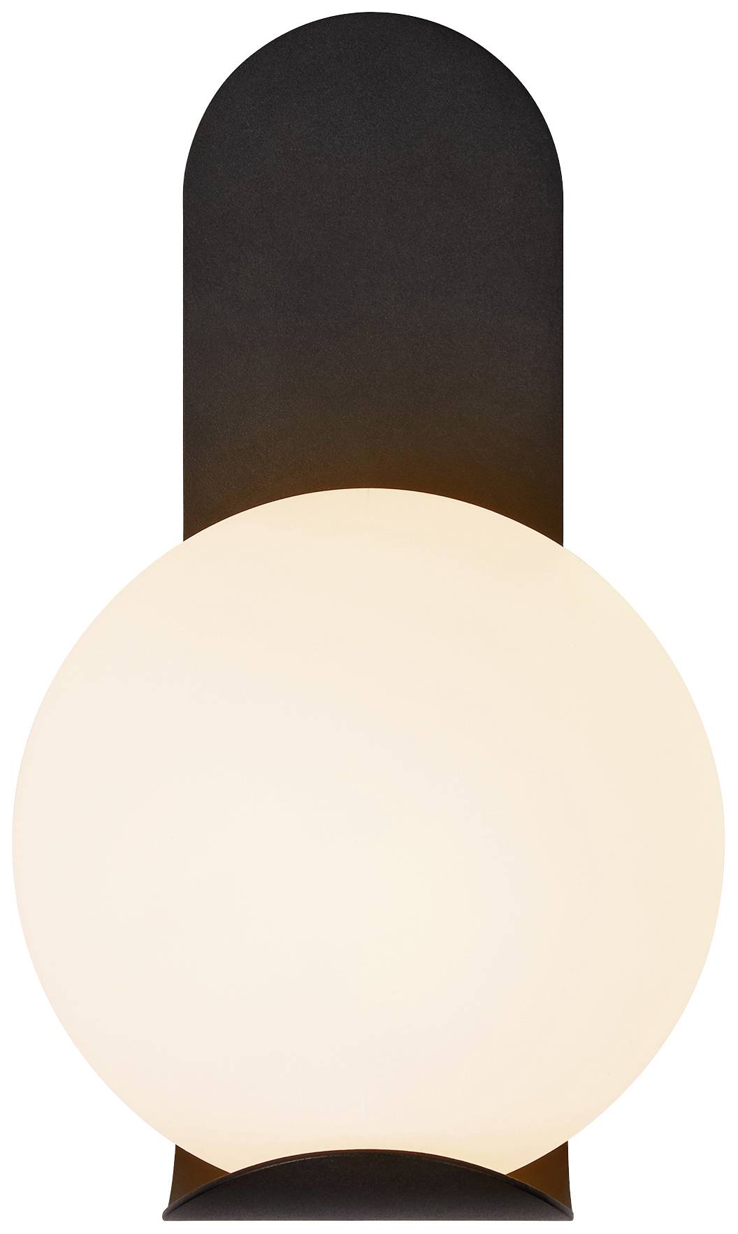 Support mural noir avec une grande lampe sphérique lumineuse et ronde. Design minimaliste.