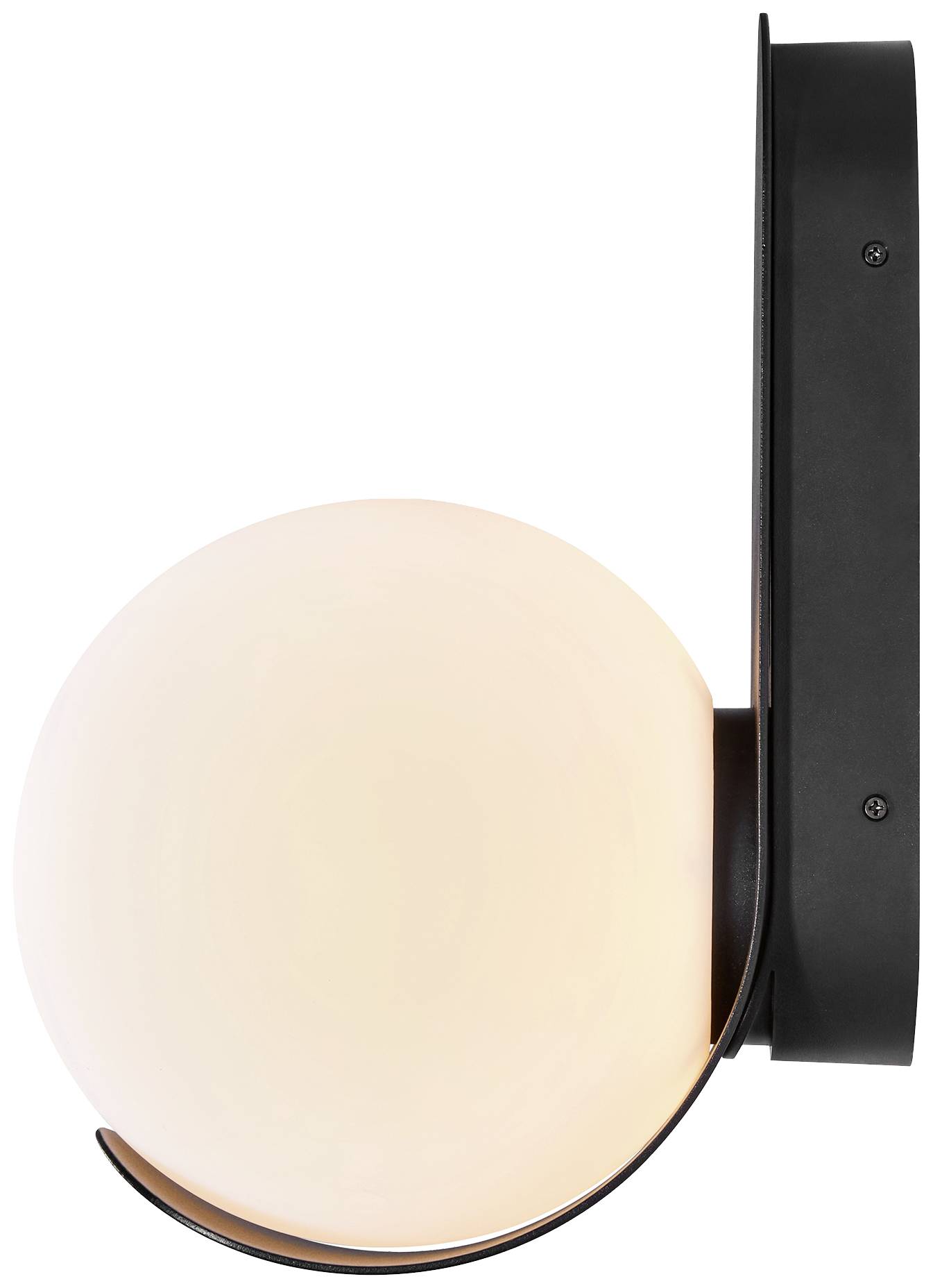 Lampe murale moderne avec diffuseur en verre sphérique et mat, et support noir. Idéale pour un éclairage intérieur élégant.