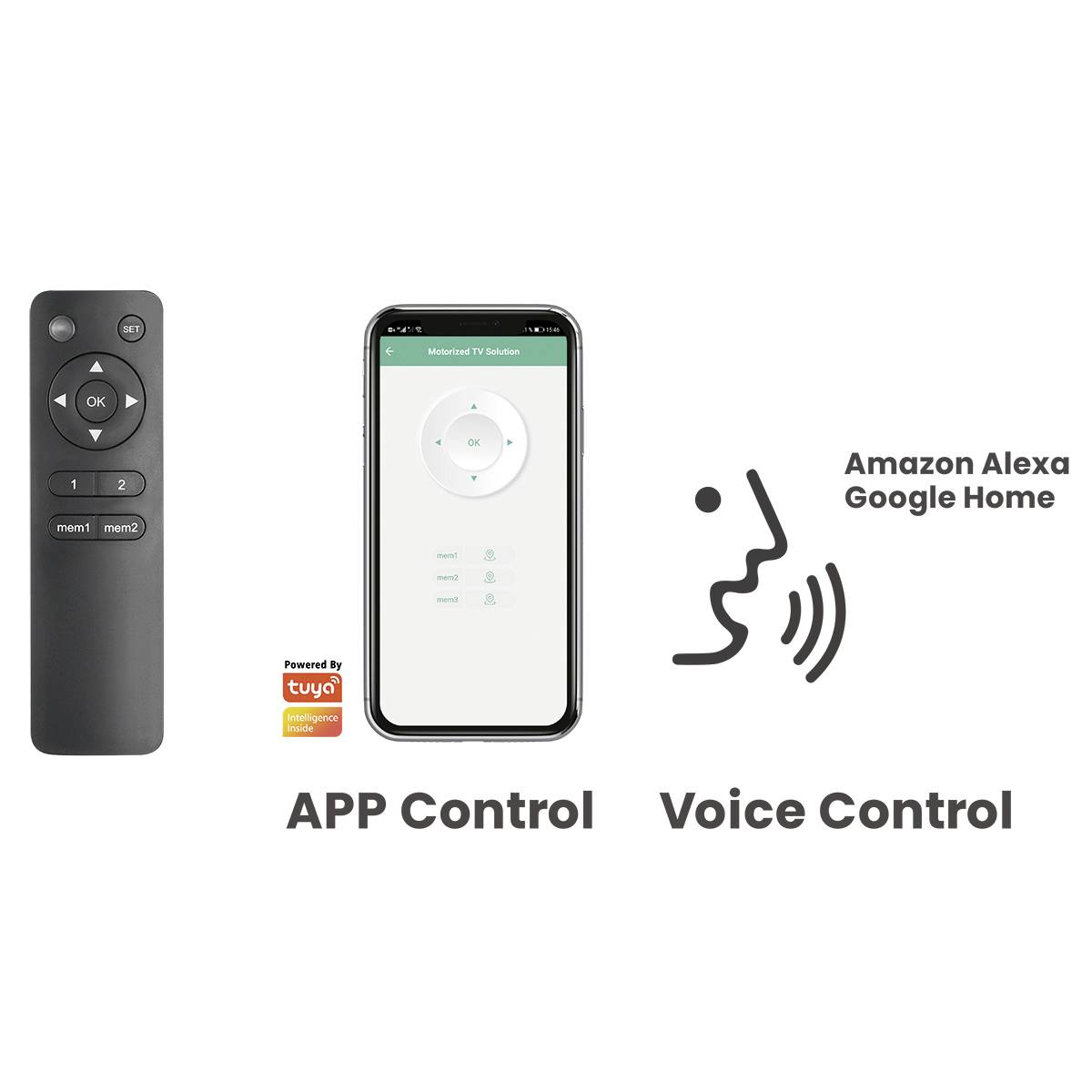 Télécommande, smartphone avec contrôle par application et symbole de commande vocale. Compatible avec Amazon Alexa et Google Home.