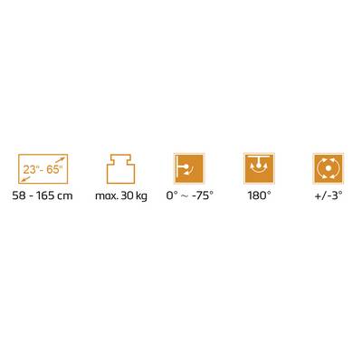 'Symbole pour support mural TV : Compatible avec écrans de 23" à 65", charge maximale de 30 kg, inclinaison de 0° à 75°, pivotant à 180°, réglable à +/- 3°.'