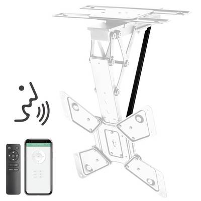 Support de plafond pour téléviseur avec télécommande et commande via smartphone. Un symbole indique une connexion sans fil.