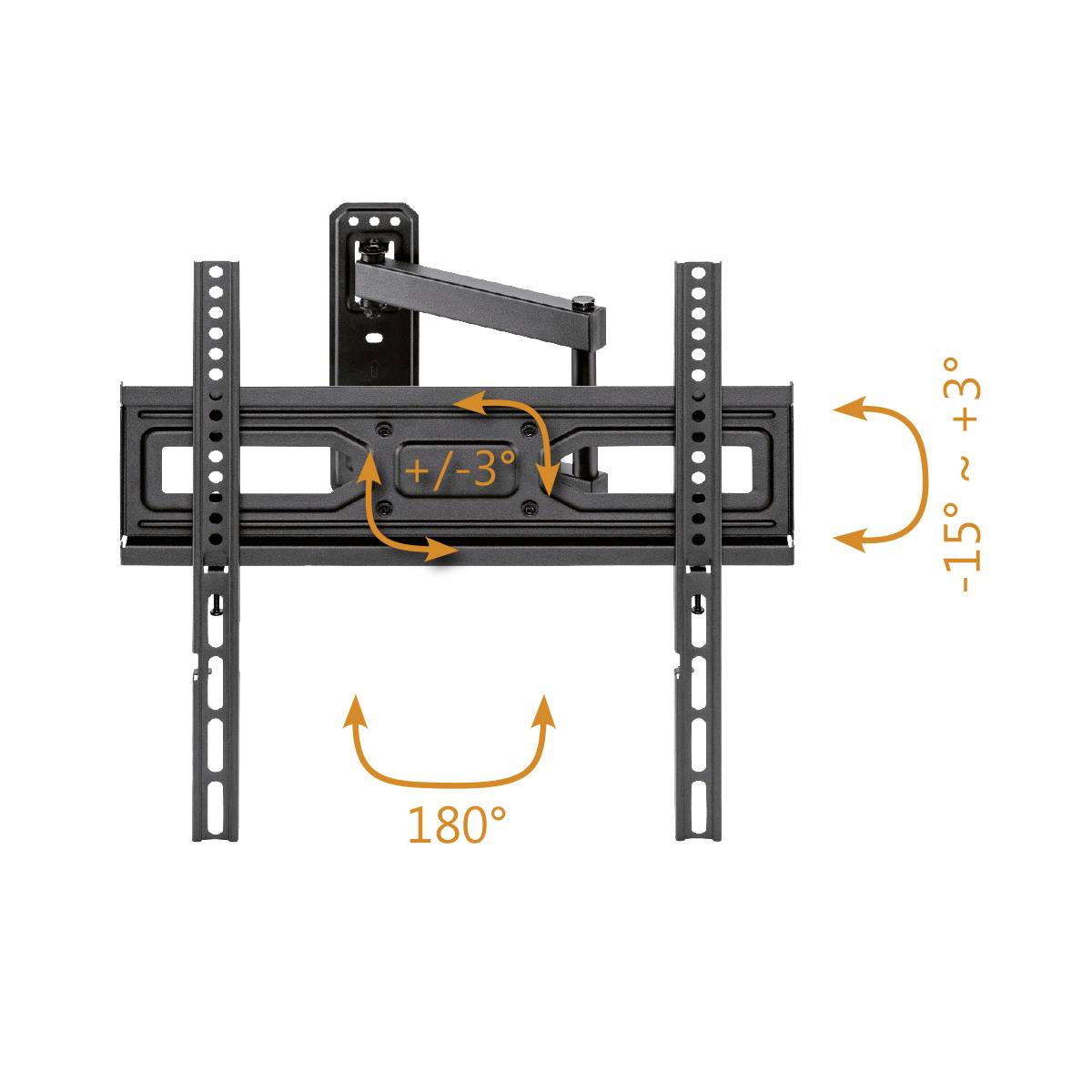 Support mural pour téléviseur avec mouvement de 180°, inclinable de -15° à +3°, permettant un réglage flexible de l'angle de visualisation.